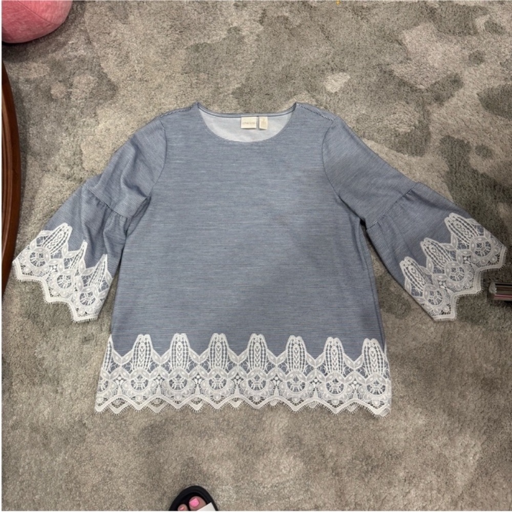 Chico's Light Blue Lace Trim Bell Sleeve Top